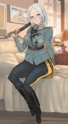 Rule 34 | 1girl, bed, belt, blue eyes, blush, boots, breasts, earrings, german clothes, germany, highres, jewelry, looking at viewer, mannerheim (milihime taisen), milihime taisen, military, military uniform, panzer (p.z), phonograph, pillow, silver hair, sitting, smile, solo, uniform