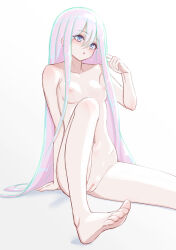 Rule 34 | 1girl, :p, barefoot, blue eyes, breasts, censored, cleft of venus, collarbone, completely nude, hair between eyes, hand in own hair, highres, hip bones, leg up, long hair, looking to the side, mosaic censoring, multicolored hair, mustee, navel, nipples, nude, original, pink hair, pussy, simple background, sitting, small breasts, solo, tongue, tongue out, two-tone hair, very long hair, white background