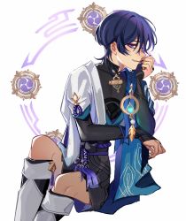 Rule 34 | 1boy, arm armor, arm support, belt, black belt, black bow, black nails, black shirt, black shorts, blue gemstone, blue vest, bow, closed mouth, fingernails, gem, genshin impact, gold, grey socks, grey vest, hair between eyes, hand on own face, hands up, highres, jewelry, leaf, long fingernails, looking at viewer, mandarin collar, mitsudomoe (shape), nail polish, necklace, no headwear, open clothes, open vest, pom pom (clothes), purple belt, purple eyes, purple hair, ring, scaramouche (genshin impact), shirt, short hair, short sleeves, shorts, simple background, sitting, smile, socks, solo, teeth, tomoe (symbol), two-tone vest, vest, vision (genshin impact), wanderer (genshin impact), white background, yuu (yurasutori)