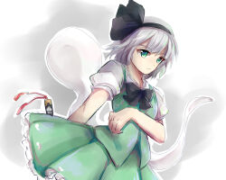 Rule 34 | 1girl, black bow, black bowtie, black hairband, bow, bowtie, breasts, closed mouth, frilled skirt, frills, frown, green eyes, green skirt, green vest, grey background, grey hair, hairband, highres, hitodama, hitodama print, katana, kayu (553917372), konpaku youmu, konpaku youmu (ghost), medium hair, medium skirt, print skirt, puffy short sleeves, puffy sleeves, red tassel, shirt, short sleeves, simple background, skirt, small breasts, sword, touhou, vest, weapon, white shirt