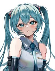 Rule 34 | 1girl, aqua eyes, aqua hair, aqua necktie, ay6as, bare shoulders, blush, detached sleeves, hair ornament, hatsune miku, headset, highres, long hair, looking at viewer, necktie, number tattoo, open mouth, resolution mismatch, simple background, source smaller, tattoo, twintails, very long hair, vocaloid