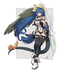 Rule 34 | 1girl, artist name, asymmetrical wings, bare shoulders, black thighhighs, blue hair, blunt bangs, blush, border, bow, breasts, chinese commentary, choker, cleavage, commentary request, detached collar, detached sleeves, dizzy (guilty gear), eyelashes, feathers, full body, guilty gear, guilty gear xrd, hair between eyes, hair bow, hair ornament, hand on own chest, highres, huanxiang huifeng, large breasts, legs together, long hair, long sleeves, looking at viewer, midriff, mismatched wings, navel, off shoulder, parted lips, red eyes, ribbon, smile, solo, tail, tail bow, tail ornament, thigh gap, thighhighs, twitter username, very long hair, white border, white footwear, wide sleeves, wings, yellow ribbon