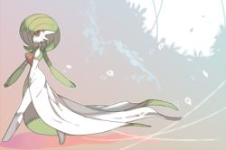 Rule 34 | 1girl, bob cut, closed mouth, colored skin, creatures (company), day, falling leaves, female focus, flat chest, from side, full body, game freak, gardevoir, gen 3 pokemon, green hair, green skin, hair over one eye, happy, leaf, lowres, multicolored skin, nintendo, one eye covered, outdoors, outline, oyama yoihaya, pokemon, pokemon (creature), red eyes, short hair, smile, solo, standing, tree, two-tone skin, walking, white skin, wind