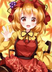 Rule 34 | 1girl, aki minoriko, apron, blonde hair, blouse, blush, brown skirt, collared shirt, food, fruit, fruit hat ornament, grapes, hair between eyes, hat, hat ornament, highres, juliet sleeves, long sleeves, looking at viewer, mob cap, open mouth, puffy sleeves, red apron, red eyes, red hat, ruu (tksymkw), shirt, short hair, skirt, smile, solo, touhou, wide sleeves, yellow shirt