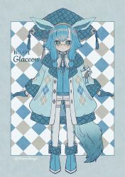 Rule 34 | 1girl, absurdres, artist name, blue hair, blush, boots, cardigan, character name, closed mouth, creatures (company), full body, game freak, gen 4 pokemon, glaceon, glasses, gloves, green gloves, grey thighhighs, hat, highres, long sleeves, looking at viewer, narumame, nintendo, over-rim eyewear, personification, pokedex number, pokemon, pokemon ears, ribbon, round eyewear, semi-rimless eyewear, short hair with long locks, shorts, solo, standing, thighhighs