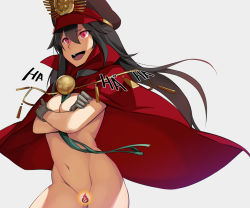 Rule 34 | 1girl, :d, black hair, breasts, cape, censored, cleavage, crossed arms, fate/grand order, fate (series), gloves, hat, koha-ace, kurowa, long hair, naked cape, navel, no bra, no panties, novelty censor, nude, oda nobunaga (fate), oda nobunaga (koha-ace), open mouth, red eyes, shako cap, simple background, smile, solo, teeth, tongue