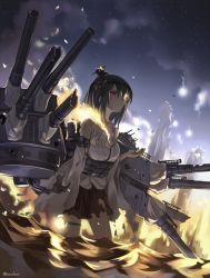 Rule 34 | 10s, 1girl, amagai tarou, bare shoulders, black hair, breasts, dying, fire, in water, kantai collection, medium breasts, nontraditional miko, partially submerged, red eyes, shirt, skirt, sky, solo, star (sky), starry sky, torn clothes, torn shirt, torn skirt, turret, wading, water, yamashiro (kancolle)