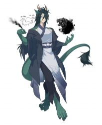 Rule 34 | 1boy, animal ears, animal feet, antlers, blue eyes, blue pants, claws, dragon boy, dragon tail, fang, fingernails, floating, front slit, full body, green hair, green scales, hair over one eye, highres, holding, holding pen, horns, japanese clothes, kimono, long hair, looking at viewer, male focus, monster boy, original, pants, pen, scales, sharp fingernails, short eyebrows, side slit, skin fang, sleeveless, sleeveless kimono, slit pupils, smile, solo, t o illustvs, tail, very long hair, white background
