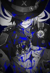 1boy absurdres black_background blood blood_on_body blood_on_clothes blood_on_face blue_blood boothill_(honkai:_star_rail) bullet_earrings commentary_request covered_eyes cowboy_hat cropped_jacket cyborg earrings floating_hair greyscale grin hair_over_one_eye hat hat_over_eyes highres honkai:_star_rail honkai_(series) jacket jewelry jifu_(gifu_7) long_hair male_focus monochrome multicolored_hair sharp_teeth sheriff_badge short_sleeves simple_background smile solo spot_color streaked_hair teeth upper_body zipper zipper_pull_tab