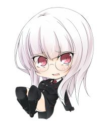 Rule 34 | 1girl, amai nekuta, black gloves, blush, chibi, full body, glasses, gloves, hand on own chest, heidimarie w. schnaufer, long hair, long sleeves, military, military uniform, necktie, open mouth, panties, pink eyes, smile, solo, strike witches, transparent background, underwear, uniform, white background, white hair, white panties, world witches series