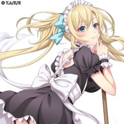 Rule 34 | 1girl, apron, blonde hair, breasts, green eyes, large breasts, long hair, maid apron, maid headdress, official art, puffy short sleeves, puffy sleeves, regina mercedes, seiken gakuin no maken tsukai, short sleeves, twintails, white apron