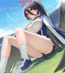 Rule 34 | 1girl, absurdres, black choker, black hair, black wings, blue archive, blue footwear, blue jacket, blue shorts, blue sky, breasts, choker, day, dutch angle, feathered wings, foot out of frame, gym uniform, hair between eyes, halo, hasumi (blue archive), hasumi (track) (blue archive), highres, jacket, knees up, large breasts, long hair, long sleeves, looking afar, low wings, official alternate costume, parted lips, partially unzipped, ponytail, red eyes, shirt, shoes, short shorts, shorts, sitting, sky, socks, solo, sweat, thighs, track jacket, very long hair, wet, white shirt, white socks, wings, xubai