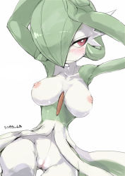 Rule 34 | 1girl, ario, armpits, arms up, blush, breasts, breasts out, cleft of venus, collarbone, creatures (company), frown, game freak, gardevoir, gen 3 pokemon, green hair, looking away, medium breasts, navel, nintendo, nipples, no bra, no humans, no panties, open clothes, open shirt, pink eyes, pokemon, pokemon (creature), pussy, red eyes, shirt, short hair, simple background, solo, sweat, text focus, translation request, uncensored, white background
