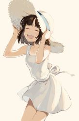 Rule 34 | 1girl, absurdres, bare arms, brown background, brown hair, closed eyes, commentary request, cowboy shot, dress, hana moto, hands up, hat, highres, open mouth, original, short hair, simple background, sleeveless, sleeveless dress, smile, solo, straw hat, sun hat, teeth, upper teeth only, white dress, white hat