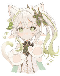 Rule 34 | 1girl, absurdres, animal ears, animal hands, blush, braid, cat ears, cat tail, cross-shaped pupils, dress, genshin impact, gloves, gradient hair, green eyes, green hair, hair between eyes, hair ornament, highres, kemonomimi mode, kumane (osakanadonn), leaf hair ornament, long hair, looking at viewer, multicolored hair, nahida (genshin impact), parted lips, paw gloves, pointy ears, side ponytail, sidelocks, simple background, solo, symbol-shaped pupils, tail, upper body, white background, white dress, white gloves, white hair