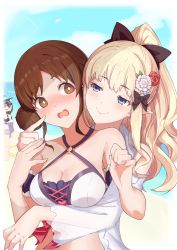 Rule 34 | 3girls, absurdres, bare shoulders, bikini, black bow, blonde hair, blue eyes, blush, bow, breasts, brown eyes, brown hair, double bun, elf, flower, hair bow, hair bun, hair flower, hair ornament, highres, karyl (princess connect!), karyl (summer) (princess connect!), large breasts, long hair, multiple girls, open mouth, pointy ears, ponytail, princess connect!, saren (princess connect!), saren (summer) (princess connect!), sidelocks, smile, suzume (princess connect!), suzume (summer) (princess connect!), swimsuit, xiangcao xing chen bing, yuri