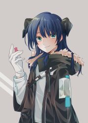 Rule 34 | 1girl, arknights, black jacket, blue eyes, blue hair, candy, closed mouth, commentary, demon horns, food, fur-trimmed hood, fur trim, gloves, grey background, highres, holding, holding candy, holding food, hood, hooded jacket, horns, jacket, kashikaze, long hair, long sleeves, looking at viewer, mostima (arknights), open clothes, open jacket, shirt, smile, solo, white gloves, white shirt