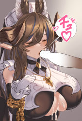 Rule 34 | 1girl, absurdres, after paizuri, breasts, brown hair, chain, closed eyes, clothing cutout, cum, cum on body, cum on breasts, cum on upper body, cumdrip, galleon (granblue fantasy), granblue fantasy, heart, highres, huge breasts, jewelry, kissing penis, long hair, necklace, penis, underboob, underboob cutout, very long hair, veryhardloco