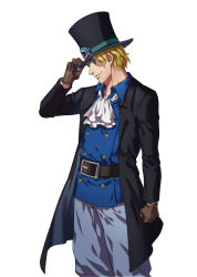 Rule 34 | 1boy, blonde hair, brown gloves, buttons, closed mouth, coat, collar, ascot, cropped legs, foxvulpine, freckles, gloves, goggles, goggles on headwear, hat, head tilt, long sleeves, looking at viewer, male focus, one piece, open clothes, open coat, sabo (one piece), simple background, solo, top hat, white background