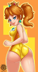 Rule 34 | 1girl, ass, blue eyes, brown hair, crown, highres, jewelry, looking back, mario &amp; sonic at the london 2012 olympic games, mario &amp; sonic at the olympic games, mario (series), nintendo, ponytail, princess daisy, revtilian, rio land, smile, solo