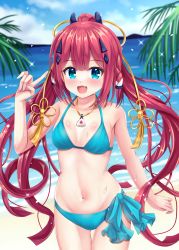 Rule 34 | 1girl, beach, bikini, blue bikini, blue sky, blurry, breasts, cloud, day, depth of field, fang, hair ornament, hairclip, highres, jewelry, kamiyama shiki, looking at viewer, minatoto, necklace, outdoors, palm leaf, ponytail, red hair, side-tie bikini bottom, sky, small breasts, solo, summer pockets, swimsuit