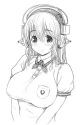 Rule 34 | 1girl, blush, breasts, female focus, greyscale, headphones, large breasts, long hair, looking at viewer, monochrome, nitroplus, simple background, smile, solo, super sonico, tsuji santa, upper body