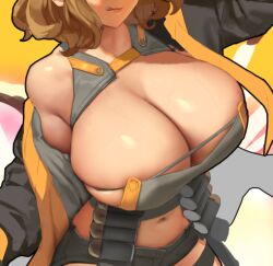 Rule 34 | 1girl, :q, anis (nikke), breasts, cleavage, eu03, explosive, goddess of victory: nikke, grenade, head out of frame, jacket, jacket partially removed, large breasts, midriff, navel, shorts, tongue, tongue out