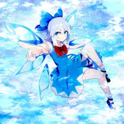 Rule 34 | 1girl, absurdres, bad id, bad pixiv id, black footwear, blue bow, blue dress, blue eyes, blue hair, bow, bowtie, cirno, closed mouth, dress, hair between eyes, hair bow, highres, huge filesize, ice, ice wings, looking to the side, medium hair, nanamiyuki, pointing, red bow, red bowtie, short sleeves, snowflakes, socks, solo, touhou, v-shaped eyebrows, white sleeves, white socks, wings