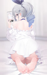 Rule 34 | 1girl, alternate costume, ass, back, bare shoulders, barefoot, blurry, blurry background, closed mouth, commentary, deyui, dress, drill hair, drill ponytail, english commentary, feet, foot focus, from behind, gradient hair, grey eyes, grey hair, hair ornament, hairclip, highres, holding, holding phone, honkai: star rail, honkai (series), juliet sleeves, long sleeves, looking at viewer, looking back, multicolored hair, off shoulder, phone, puffy sleeves, purple hair, seiza, shirt, silver wolf (honkai: star rail), sitting, soles, solo, toes, white dress, white shirt