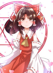Rule 34 | 1girl, ascot, bare shoulders, blush, bow, brown eyes, brown hair, closed mouth, commentary request, cowboy shot, detached sleeves, flat chest, frilled bow, frilled hair tubes, frilled shirt collar, frills, frown, hair bow, hair tubes, hakurei reimu, highres, holding ofuda, long sleeves, looking at viewer, magic circle, medium hair, parted bangs, red bow, red skirt, red vest, ribbon-trimmed sleeves, ribbon trim, serious, simple background, skirt, skirt set, solo, tigern, touhou, vest, white background, wide sleeves, yellow ascot