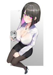 Rule 34 | 1girl, beer can, black footwear, black hair, black pantyhose, black skirt, blouse, blush, bob cut, bra visible through clothes, breasts, can, censored, collared shirt, colored inner hair, drink can, hair ornament, hairclip, high heels, highres, holding, holding can, invisible chair, large breasts, long sleeves, luse maonang, mole, mole under mouth, multicolored hair, office lady, original, outside border, pantyhose, pencil skirt, pink eyes, pink hair, shirt, short hair, sitting, skirt, solo, taut clothes, taut shirt, two-tone hair, white shirt, yuuki mama