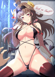 Rule 34 | 1boy, 1girl, ahoge, alternate costume, bare shoulders, black one-piece swimsuit, blush, breasts, brown hair, cameltoe, choker, commentary request, demon girl, demon horns, demon tail, demon wings, fishnet thighhighs, fishnets, gloves, gluteal fold, halloween, halloween costume, heart, highleg, horns, indoors, kantai collection, kongou (kancolle), large breasts, licking lips, long hair, looking at viewer, low wings, navel, one-piece swimsuit, pov, red eyes, seductive smile, shigure ryuunosuke, smile, solo focus, straddling, swimsuit, tail, thighhighs, tongue, tongue out, trick or treat, wings