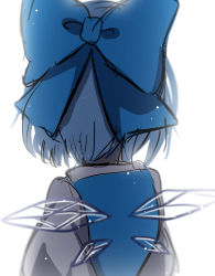 Rule 34 | 1girl, 380u0, absurdres, back, blue bow, blue hair, blue vest, bow, cirno, commentary request, highres, ice, ice wings, shirt, short hair, simple background, solo, touhou, upper body, vest, white background, white shirt, wings