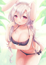 Rule 34 | 1girl, :d, animal ears, bare arms, bare shoulders, bikini, black bikini, blush, bow, bow bikini, breasts, cleavage, collarbone, commentary request, hair between eyes, hair bow, highres, large breasts, leaning forward, long hair, looking at viewer, navel, open mouth, original, pink bow, rabbit ears, rabbit girl, rabbit tail, red eyes, silver hair, smile, solo, standing, swimsuit, tail, usashiro mani, very long hair, wet
