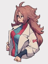 Rule 34 | 1girl, android 21, breasts, brown hair, checkered clothes, checkered dress, dragon ball, dragon ball fighterz, dress, earrings, glasses, grey background, hair between eyes, hoop earrings, jewelry, kemachiku, lab coat, long hair, long sleeves, medium breasts, red ribbon army, simple background, solo, upper body