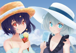 Rule 34 | 2girls, absurdres, artist request, black hair, blue eyes, blue sky, breasts, cleavage, commentary request, flower, food, grey hair, hair between eyes, hair flower, hair ornament, hat, highres, ice cream, konno junko, large breasts, large hat, licking lips, long hair, looking at viewer, low twintails, mizuno ai, mountainous horizon, multiple girls, ocean, popsicle, red eyes, short hair, sky, sleeveless, straw hat, tongue, tongue out, twintails, upper body, zombie land saga