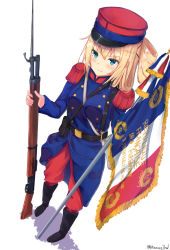 Rule 34 | &gt;:), 1girl, bayonet, belt, belt pouch, between breasts, blonde hair, blue eyes, blush, boots, breasts, buttons, commentary request, double-breasted, epaulettes, flag, flagpole, french flag, french text, full body, gun, hair ornament, hair rings, hat, highres, holding, holding gun, holding weapon, jacket, karo-chan, long hair, medium breasts, military, military uniform, original, pants, peaked cap, pouch, rifle, shadow, simple background, solo, standing, twitter username, uniform, v-shaped eyebrows, weapon, white background, world war i, x hair ornament