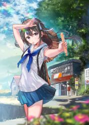 Rule 34 | 1girl, antenna hair, arm up, armpit peek, backpack, bag, bare arms, black hair, blue skirt, blue sky, blurry, blurry foreground, brown eyes, building, cloud, cloudy sky, day, depth of field, hair ribbon, hanekoto, hat, holding, long hair, looking at viewer, miniskirt, mouth hold, neckerchief, original, outdoors, outstretched arm, ribbon, sailor collar, school uniform, serafuku, shirt, short sleeves, sidelocks, skirt, sky, solo, standing, straw hat, sunlight, tree, tupet, twintails, twitter username, white ribbon, white sailor collar, white shirt
