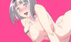 Rule 34 | 10s, 1girl, anna nishikinomiya, artist request, ass, bent over, blunt bangs, breasts, butt crack, heart, heart-shaped pupils, large breasts, looking at viewer, nipples, nude filter, pink background, shimoneta to iu gainen ga sonzai shinai taikutsu na sekai, short hair, solo, symbol-shaped pupils, third-party edit, tongue, tongue out, white hair