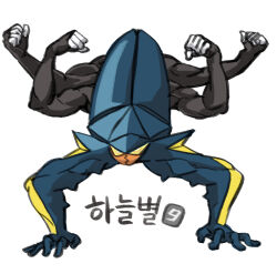 Rule 34 | biceps, clenched hands, closed mouth, commentary, creatures (company), extra arms, full body, game freak, gen 7 pokemon, gigobyte350, handstand, korean text, nintendo, no humans, pokemon, pokemon (creature), simple background, solo, vikavolt, white background