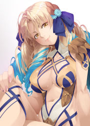 Rule 34 | 1girl, absurdres, astraea (fate), blonde hair, blue hair, breasts, brown eyes, cleavage, drill hair, fate/grand order, fate (series), gradient hair, highres, large breasts, leotard, long hair, looking at viewer, luviagelita edelfelt, mukunokino isshiki, multicolored hair, ringlets, simple background, sitting, smile, solo, white background