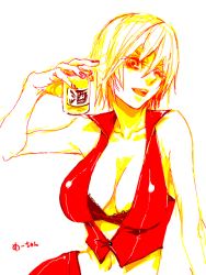 Rule 34 | 1girl, alcohol, bra, breasts, cleavage, large breasts, lingerie, meiko (vocaloid), oekaki, one eye closed, red theme, sake, short hair, simple background, solo, tegaki, underwear, vocaloid, wink