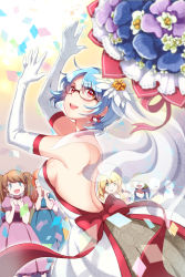 Rule 34 | 5girls, alternate breast size, bare shoulders, blue eyes, blue hair, blush, bouquet, bow, confetti, dress, elbow gloves, esprit (sword girls), flower, glasses, gloves, hair ornament, highres, long hair, multiple girls, open mouth, petals, red eyes, ribbon, short hair, smile, solo focus, sword girls, tears, throwing, twintails, veil, wedding, wedding dress, wooni