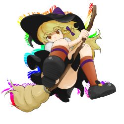 Rule 34 | 1girl, ass, blonde hair, bow, braid, broom, broom riding, eyebrows, full body, hair bow, hat, highres, kirisame marisa, kneehighs, looking at viewer, mary janes, nanostar, no panties, orange socks, shoes, single braid, socks, solo, striped clothes, striped socks, thick eyebrows, touhou, transparent background, upskirt, witch hat, yellow eyes