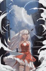 Rule 34 | 1girl, absurdres, bandages, belt, breasts, building, cloud, dress, eyebrows hidden by hair, grey eyes, hair over one eye, hair ribbon, highres, leg belt, long hair, looking up, off-shoulder dress, off shoulder, original, qie, red dress, ribbon, silver hair, sky, small breasts, solo, virtual youtuber, wind
