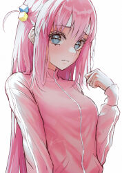 Rule 34 | 1girl, absurdres, aqua eyes, blush, bocchi the rock!, breasts, closed mouth, commentary, cube hair ornament, eyelashes, gotoh hitori, hair ornament, highres, jacket, large breasts, long hair, long sleeves, looking at viewer, nose, notinversion, one side up, pink hair, pink jacket, signature, simple background, sleeves past wrists, solo, track jacket, twitter username, upper body, white background