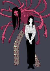 Rule 34 | 1girl, black hair, black skirt, chainsaw man, darkness flesh (chainsaw man), doll, doll joints, extra arms, extra breasts, green eyes, greyscale with colored background, highres, horns, hunched over, joints, long hair, long skirt, looking at viewer, mole, mole under eye, mole under mouth, multiple heads, santa claus (chainsaw man), skirt, smile, sweater, v arms, ym yoshiya