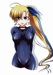 Rule 34 | 10s, 1girl, :p, adapted costume, blonde hair, bodysuit, breasts, breasts apart, covered erect nipples, covered navel, heterochromia, highres, long hair, looking at viewer, lyrical nanoha, mahou shoujo lyrical nanoha vivid, medium breasts, aged up, side ponytail, simple background, skin tight, solo, tappa (esperanza), tongue, tongue out, vivio