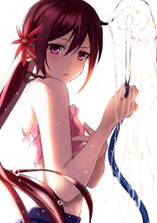 Rule 34 | 10s, 1girl, akabane rin, akebono (kancolle), backlighting, bare shoulders, bell, from side, hair bell, hair ornament, highres, hose, jingle bell, kantai collection, long hair, looking at viewer, purple eyes, side ponytail, simple background, solo, swimsuit, upper body, very long hair, water