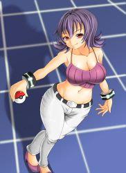 Rule 34 | 1girl, adahcm, bare shoulders, breasts, cleavage, creatures (company), game freak, gym leader, highres, looking at viewer, looking up, midriff, navel, nintendo, poke ball, pokemon, pokemon hgss, purple eyes, sabrina (pokemon), short hair, smile, solo, standing, tank top, thighs